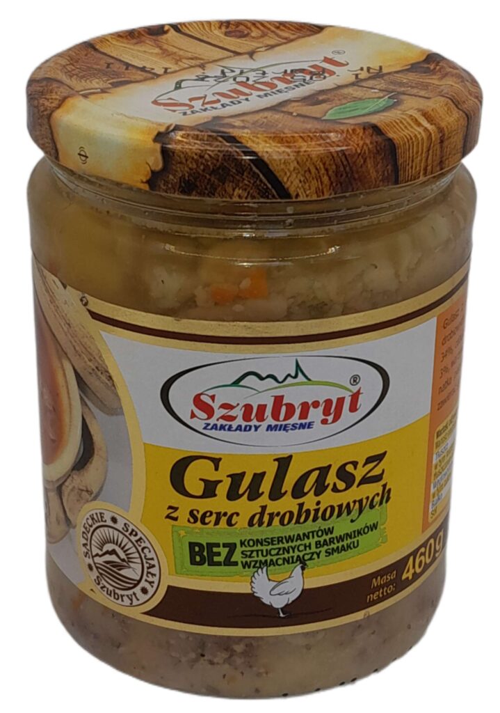 A jar of chicken hearts goulash from Szubryt - traditional food.